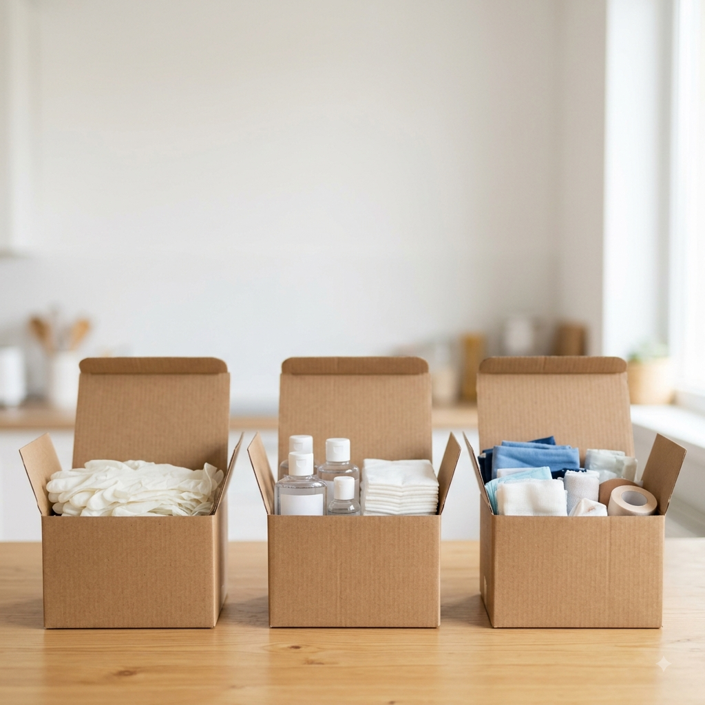 Drei offene Pflegeboxen mit Pflegehilfsmitteln wie Handschuhen, Desinfektion und Verbandsmaterial auf einem Holztisch