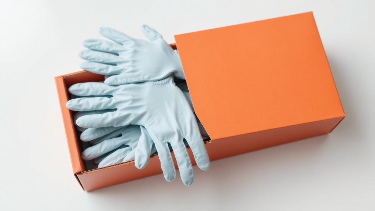 Box mit Einmalhandschuhen und einzelne Handschuhe auf Tisch