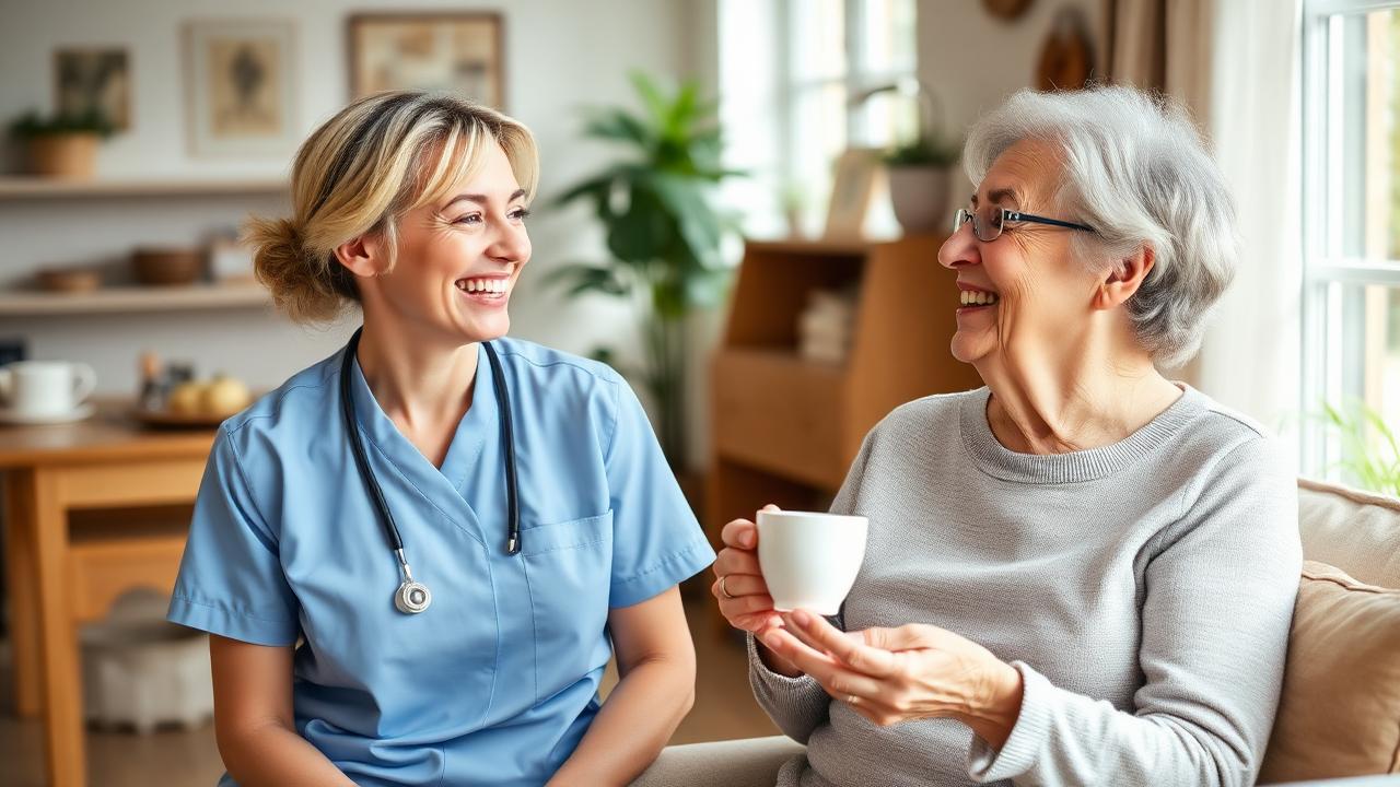 Lachende Pflegerin im Gespräch mit einer Seniorin im Wohnzimmer