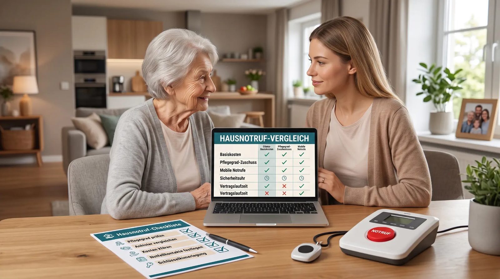 Hausnotruf-Checkliste 2026 – Seniorin und Beraterin vergleichen Anbieter am Laptop