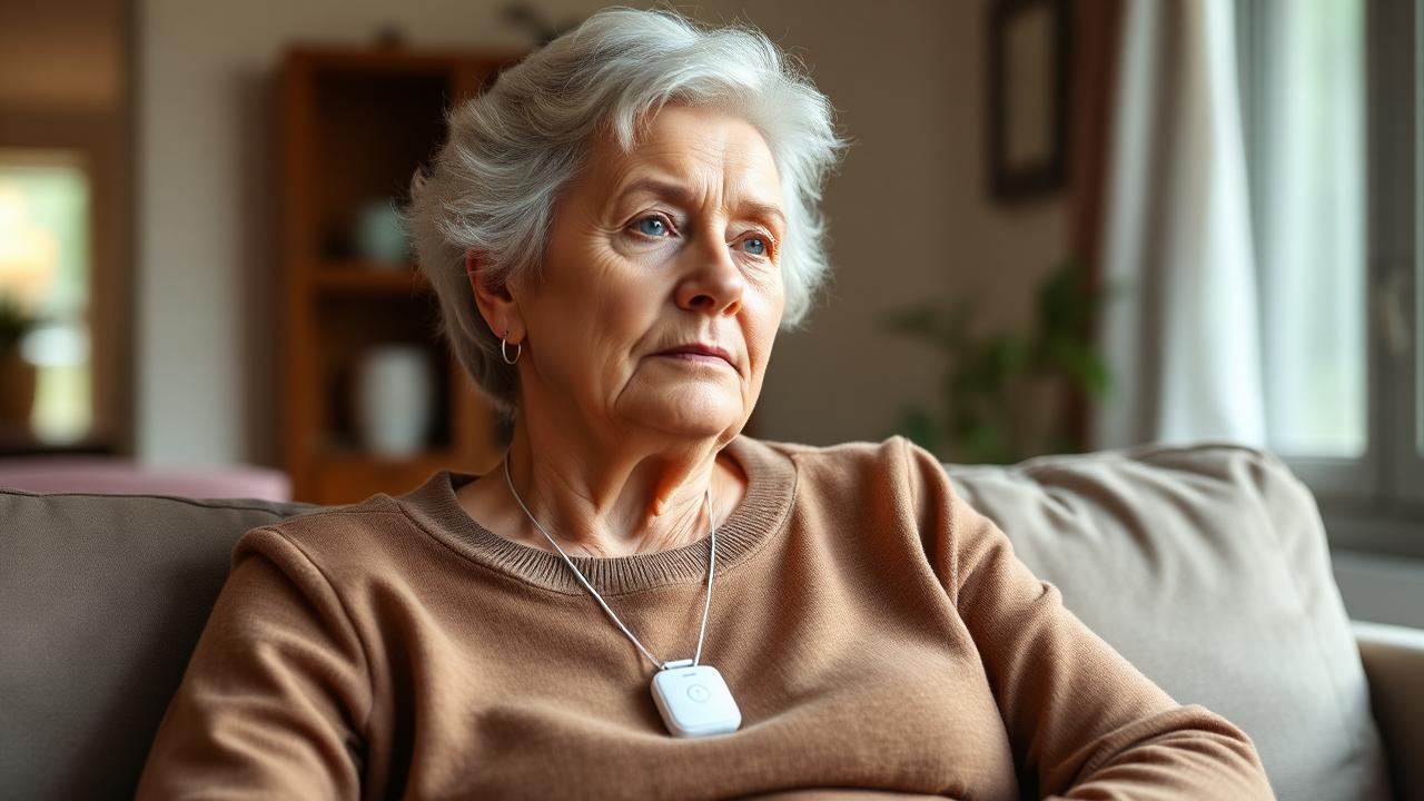 Seniorin auf dem Sofa trägt einen Hausnotruf-Sender als Halskette