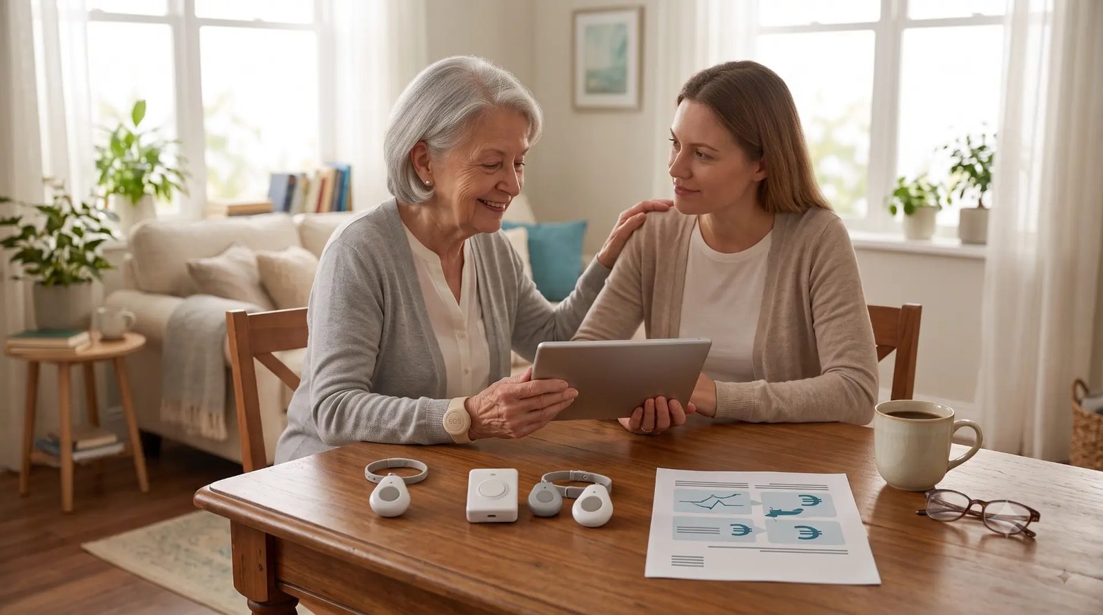 Seniorin mit Pflegekassen-Beraterin vergleicht Hausnotruf-Geräte am Tablet