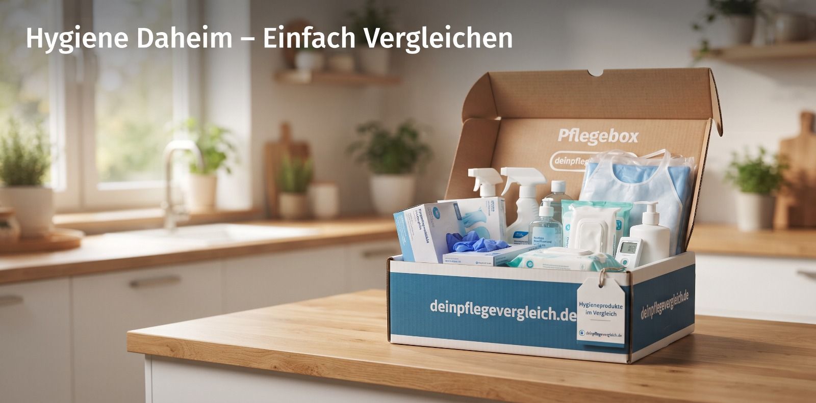 Hygiene Daheim Pflegebox im Test: geöffnete Box mit Einweghandschuhen, Desinfektionsmittel und Pflegehilfsmitteln für 42 € pro Monat
