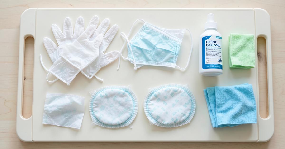 Inhalt der Hygiene-Box: Handschuhe, Mundschutz, Desinfektionsmittel und Bettschutzeinlagen