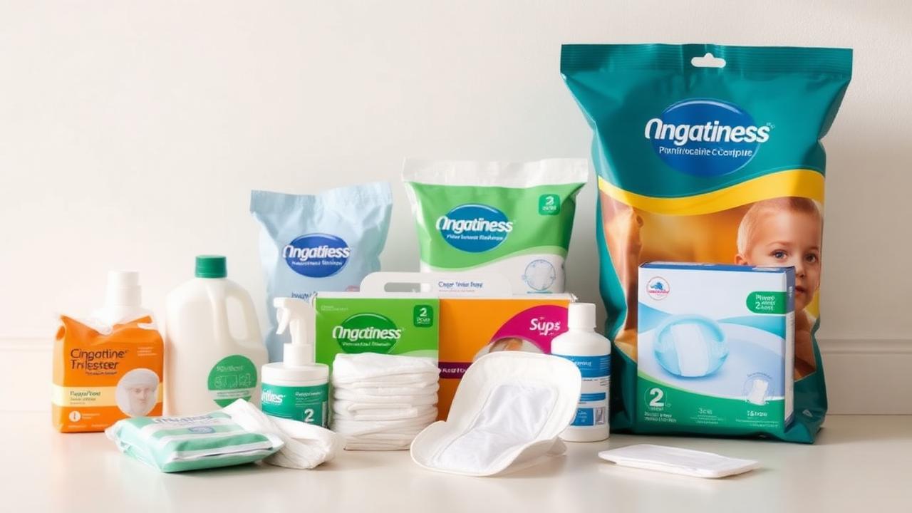 Verschiedene Inkontinenzprodukte ordentlich präsentiert