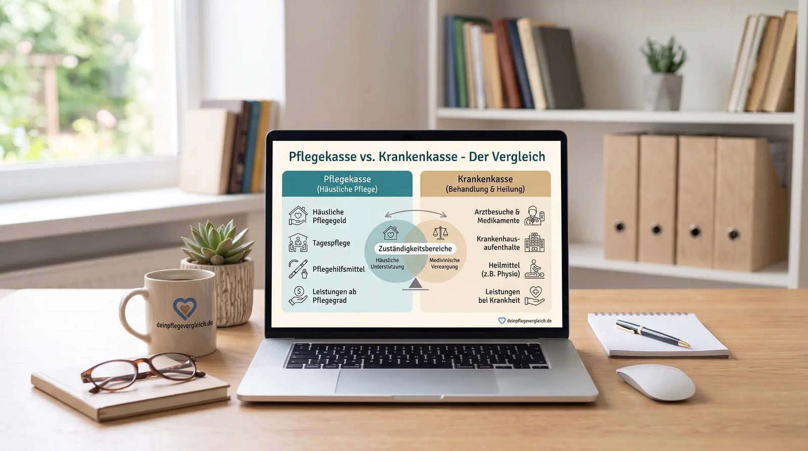 Infografik Pflegekasse vs. Krankenkasse – Zuständigkeitsbereiche im Vergleich