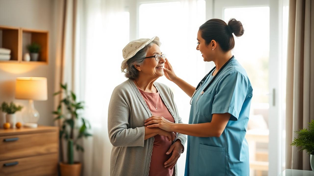 Pflegerin besucht Seniorin zu Hause in heller Wohnung
