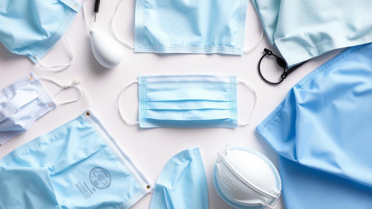 Medizinischer Mundschutz und Schutzkleidung ordentlich präsentiert