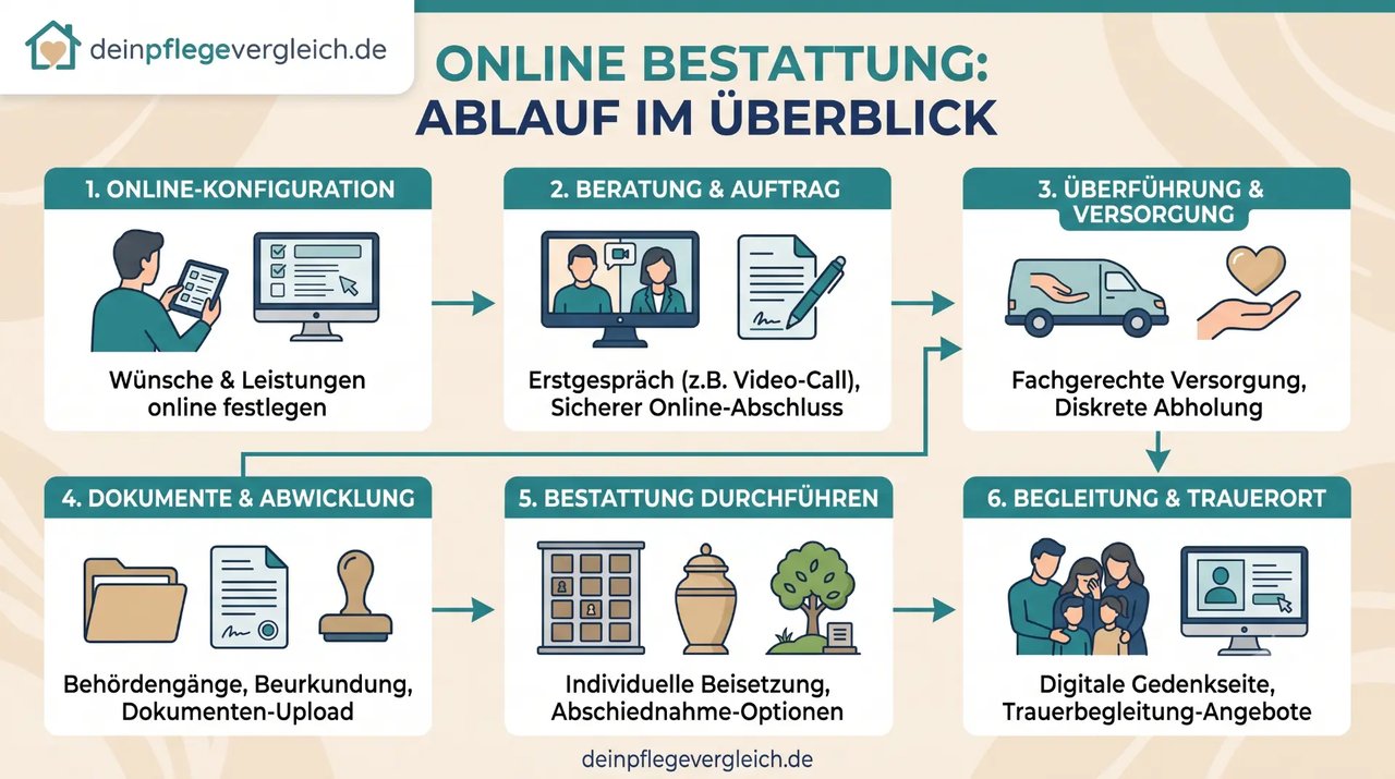 Schritt-für-Schritt-Ablauf einer Online-Bestattung am Bildschirm