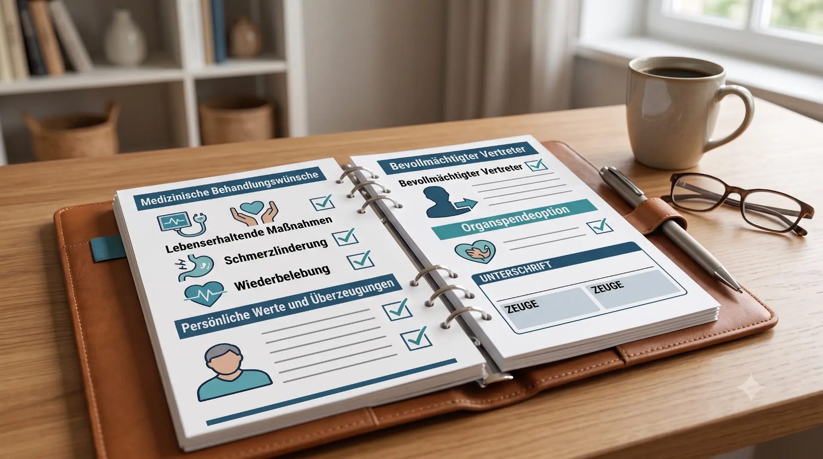 Ausgefüllte Patientenverfügung mit Behandlungswünschen, Vertreter und Unterschrift