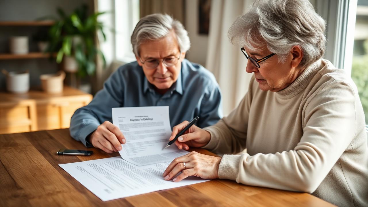 Person unterschreibt eine Patientenverfügung mit Notar im Hintergrund