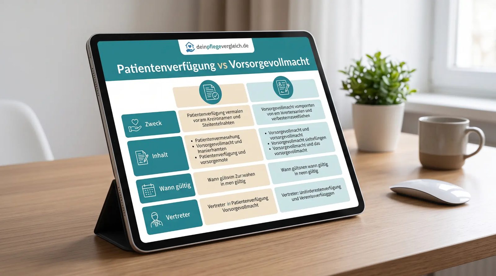 Vergleichstabelle Patientenverfügung vs. Vorsorgevollmacht: Zweck, Inhalt, Gültigkeit, Vertreter