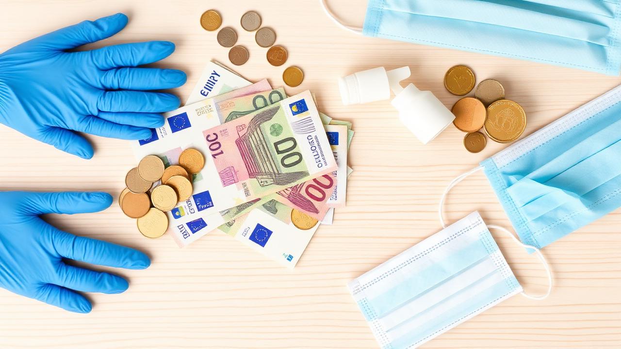 Euro-Münzen, Banknoten, Einmalhandschuhe und Desinfektionsmittel auf einem Tisch