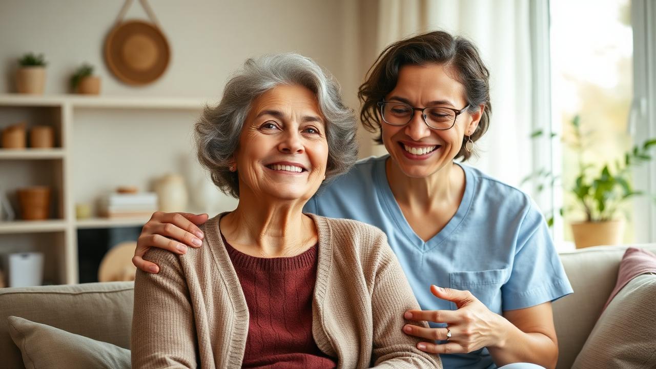 Pflegerin entlastet Angehörige im Alltag mit lachendem Senior