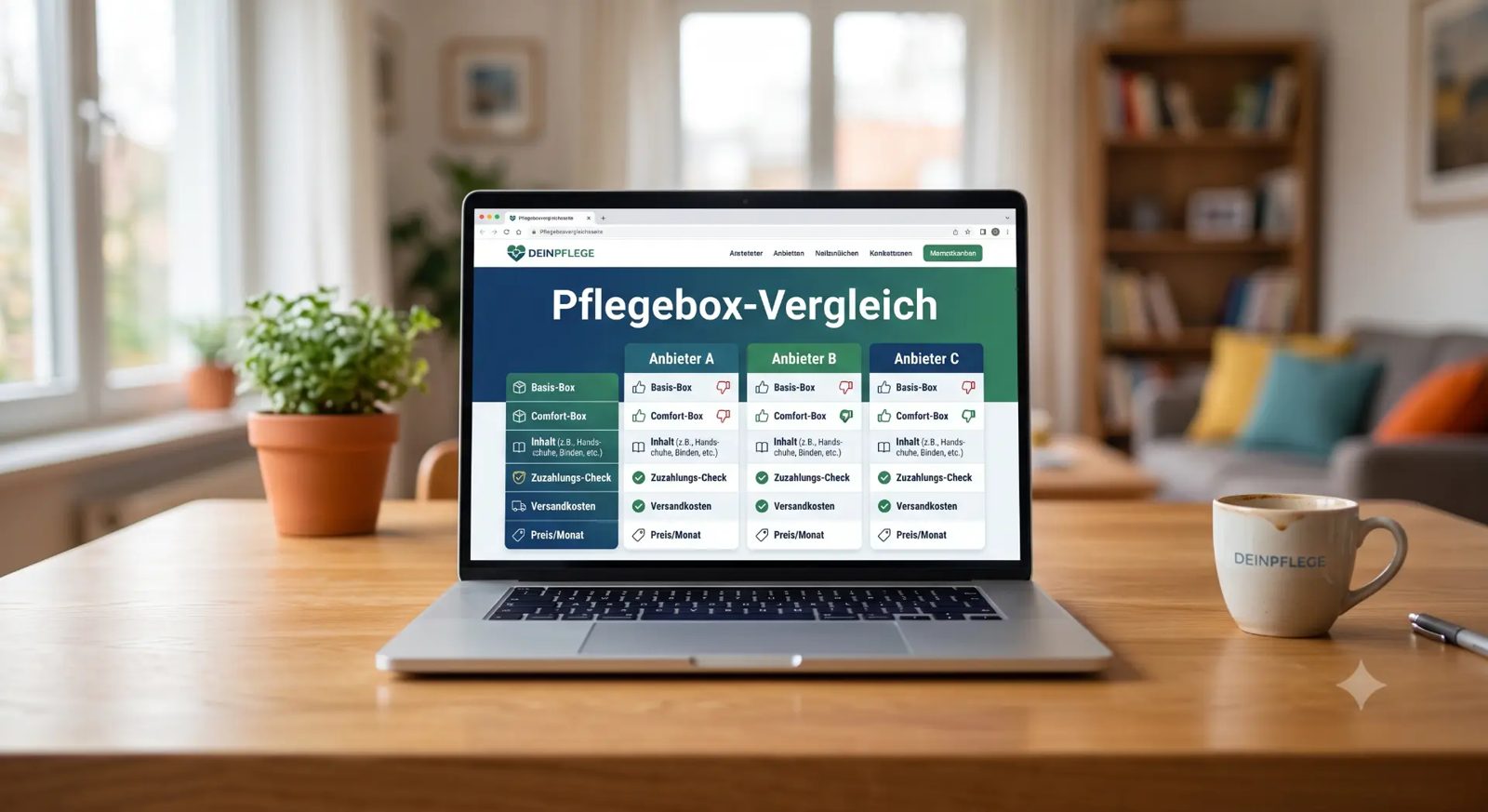 Pflegebox Anbieter im Vergleich 2026 Pflegebox Anbieter Vergleich 2026 – Übersicht auf Laptop-Bildschirm