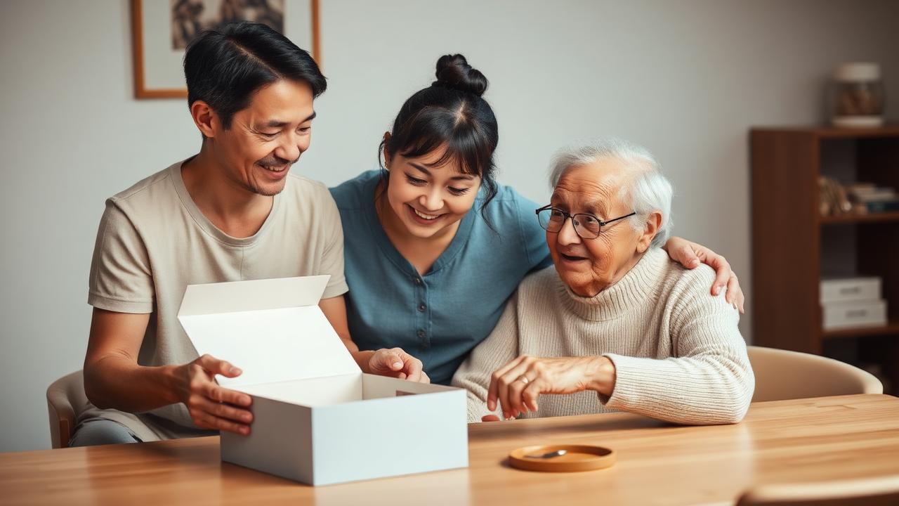 Angehörige öffnet Pflegebox gemeinsam mit Senior am Tisch