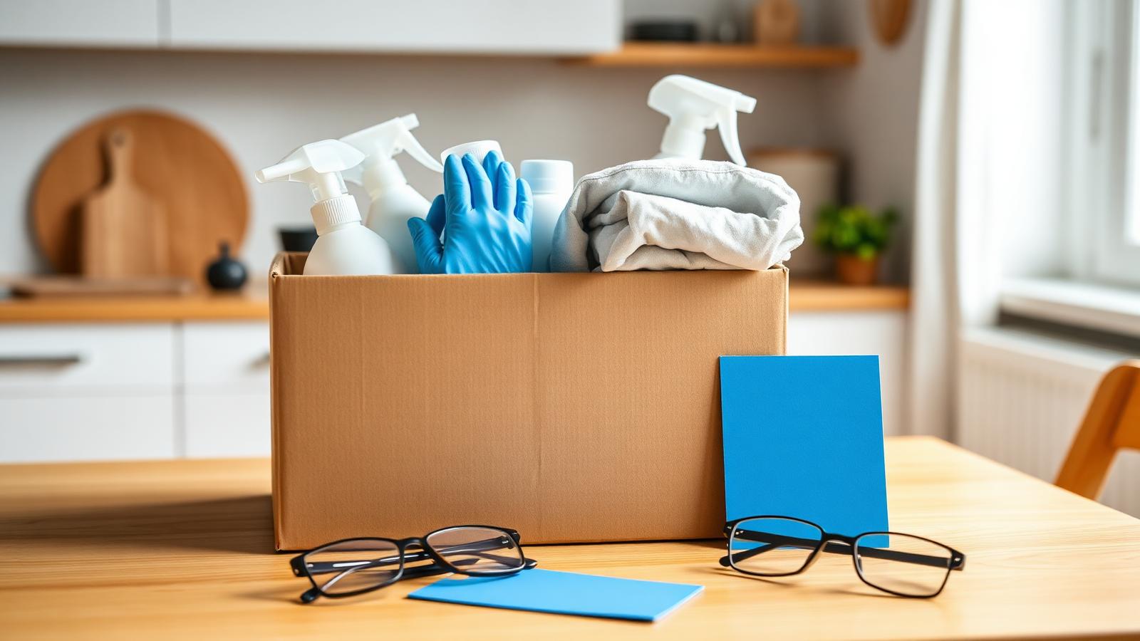 Pflegebox mit Einmalhandschuhen, Desinfektionsmittel und Schutzschürzen neben Krankenversicherungskarte auf einem Küchentisch
