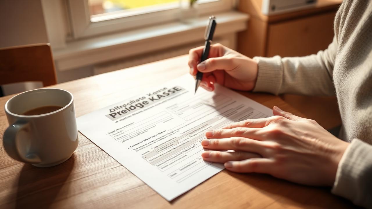 Hände einer Person füllen ein Pflegekassen-Antragsformular am Küchentisch aus