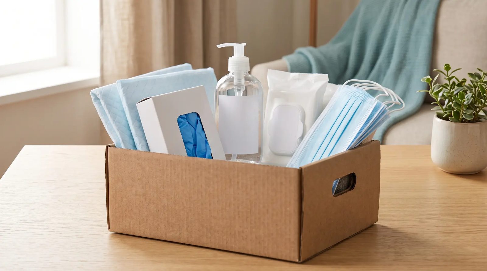 Pflegebox-Inhalt – Nitrilhandschuhe, Desinfektionsspender, Feuchttücher und Mundschutz im Karton