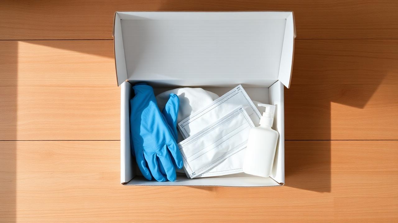 Geöffnete Pflegebox mit Einmalhandschuhen, Mundschutz und Desinfektionsmittel von oben