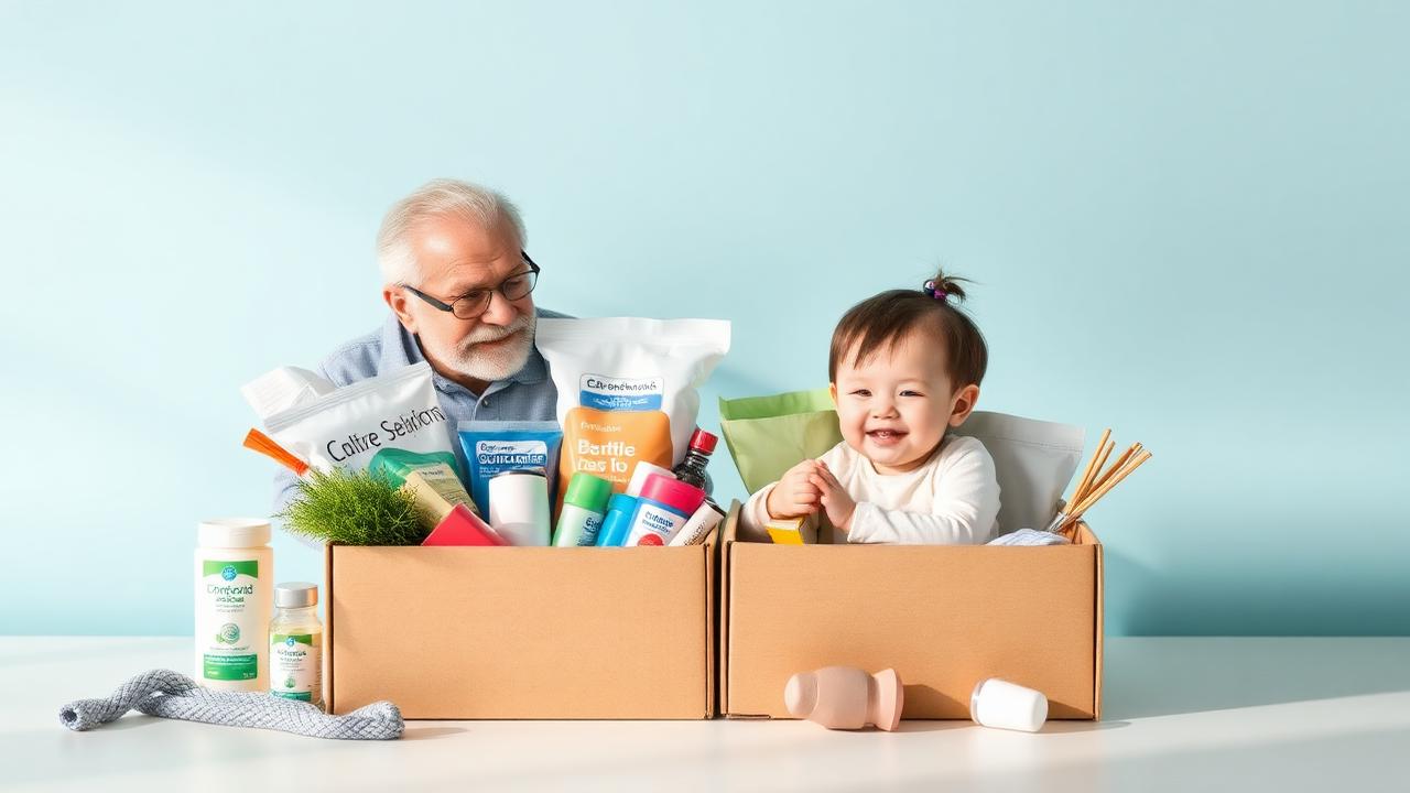Pflegebox-Inhalte für Senioren und Kinder nebeneinander