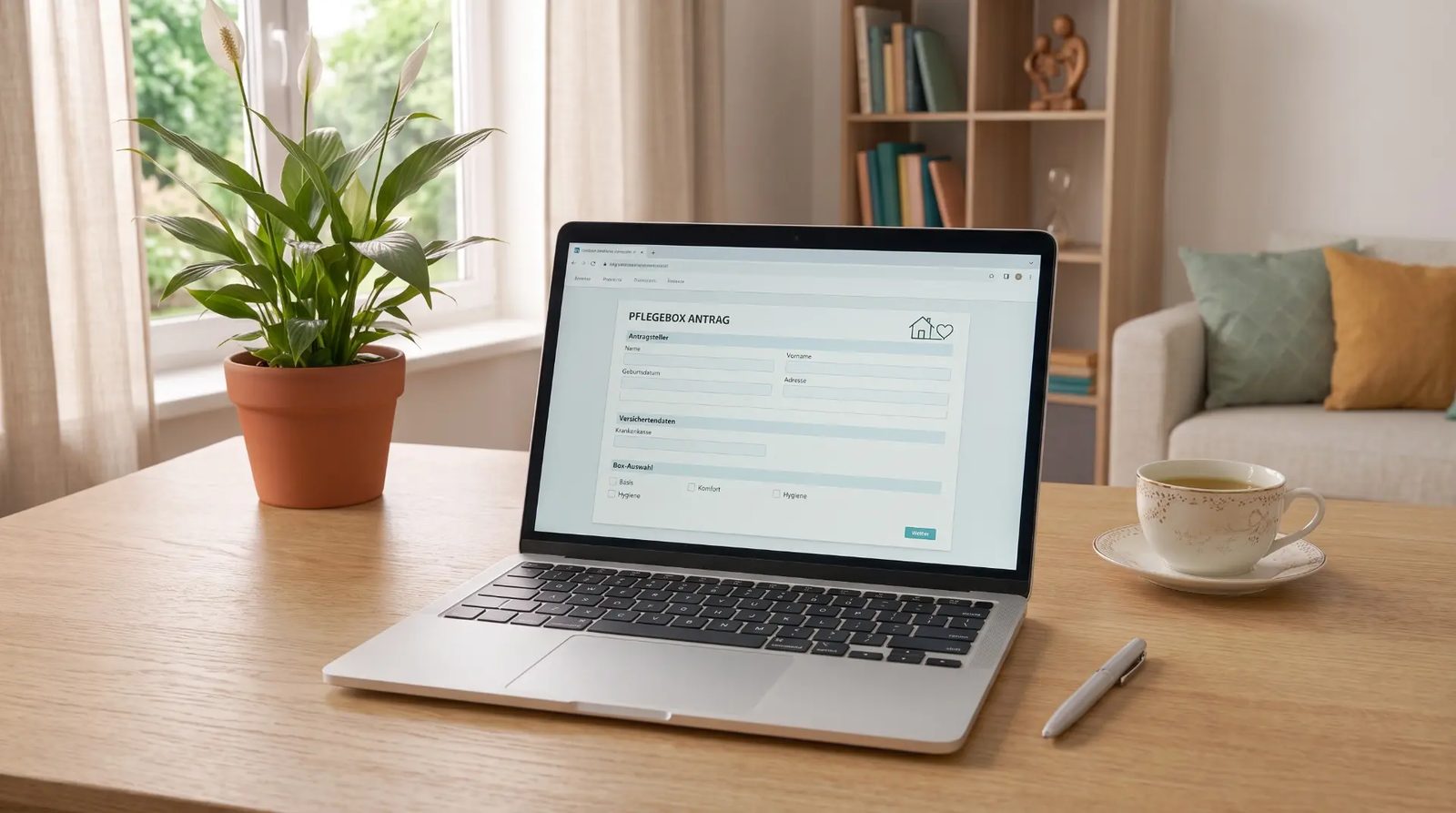 Kostenlose Pflegebox online beantragen – Antragsformular auf Laptop