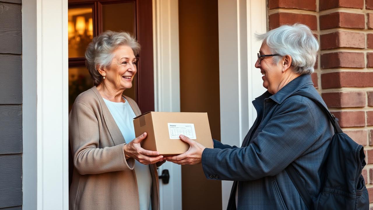 Monatliche Pflegebox-Lieferung wird vom Paketboten übergeben