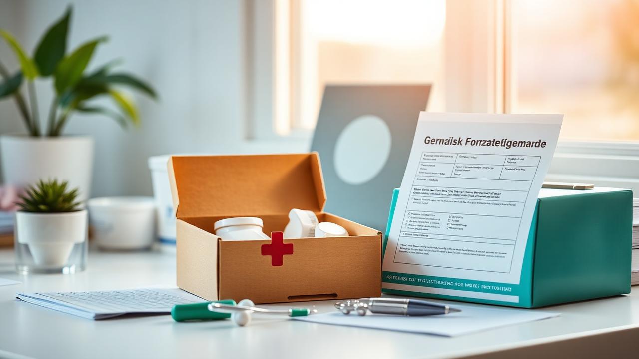 Pflegehilfsmittel in einer Box neben einem Antragsformular