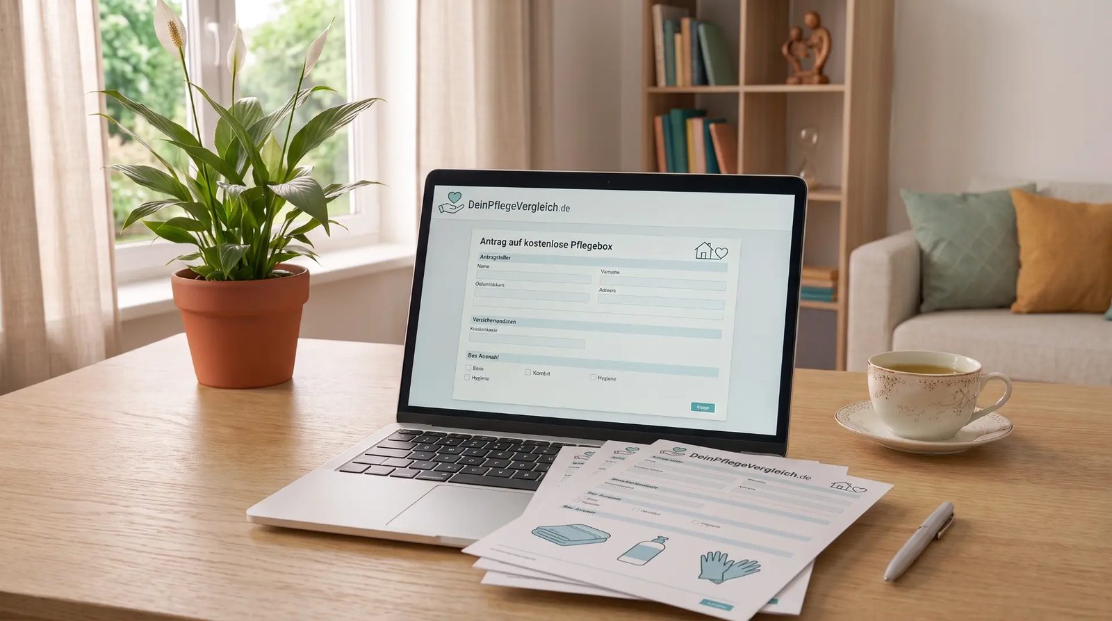 Online-Antrag für kostenlose Pflegebox auf Laptop mit Formularen daneben