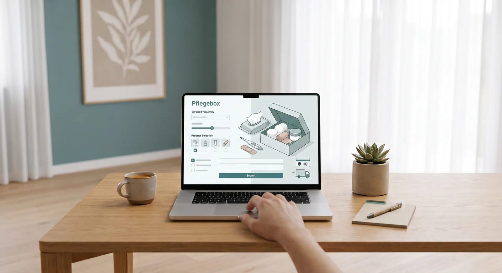 Pflegebox bequem online bestellen – Laptop mit Konfigurator und Produktauswahl