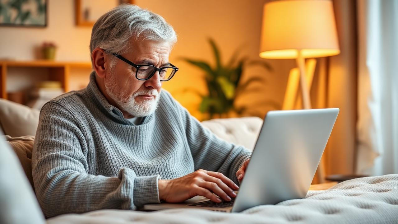 Senior bestellt Pflegebox bequem online am Laptop