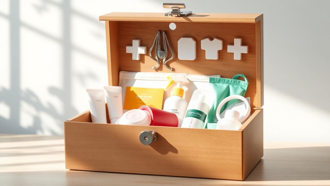 Pflegebox mit allen typischen Pflegehilfsmitteln präsentiert