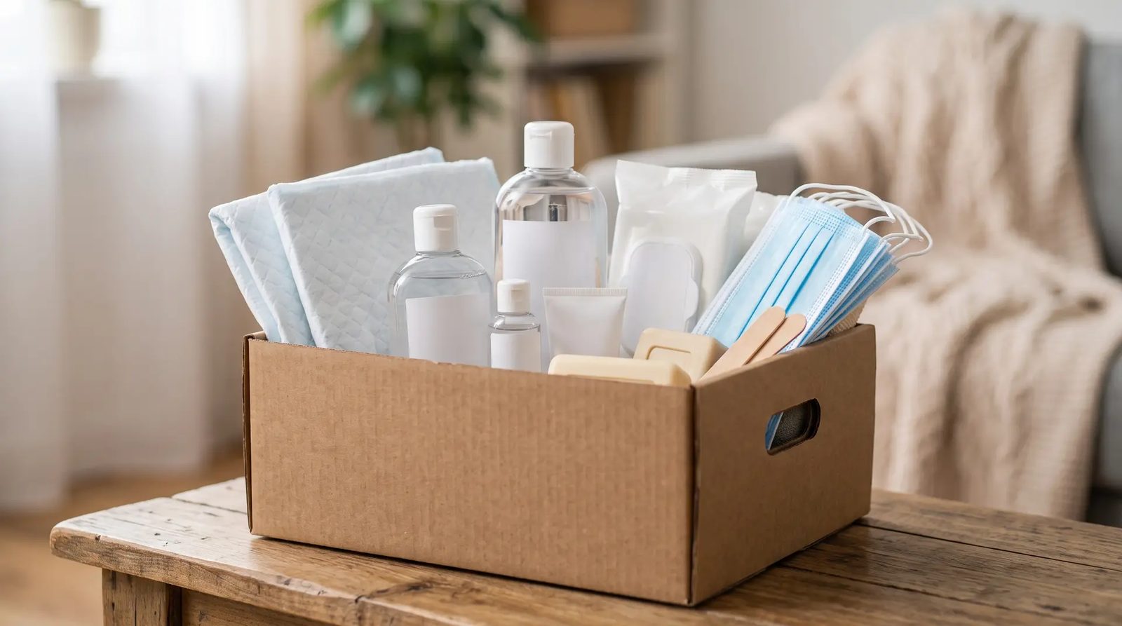 Pflegebox mit Handschuhen, Desinfektionsmittel, Bettschutzeinlagen und Mundschutz auf Holztisch