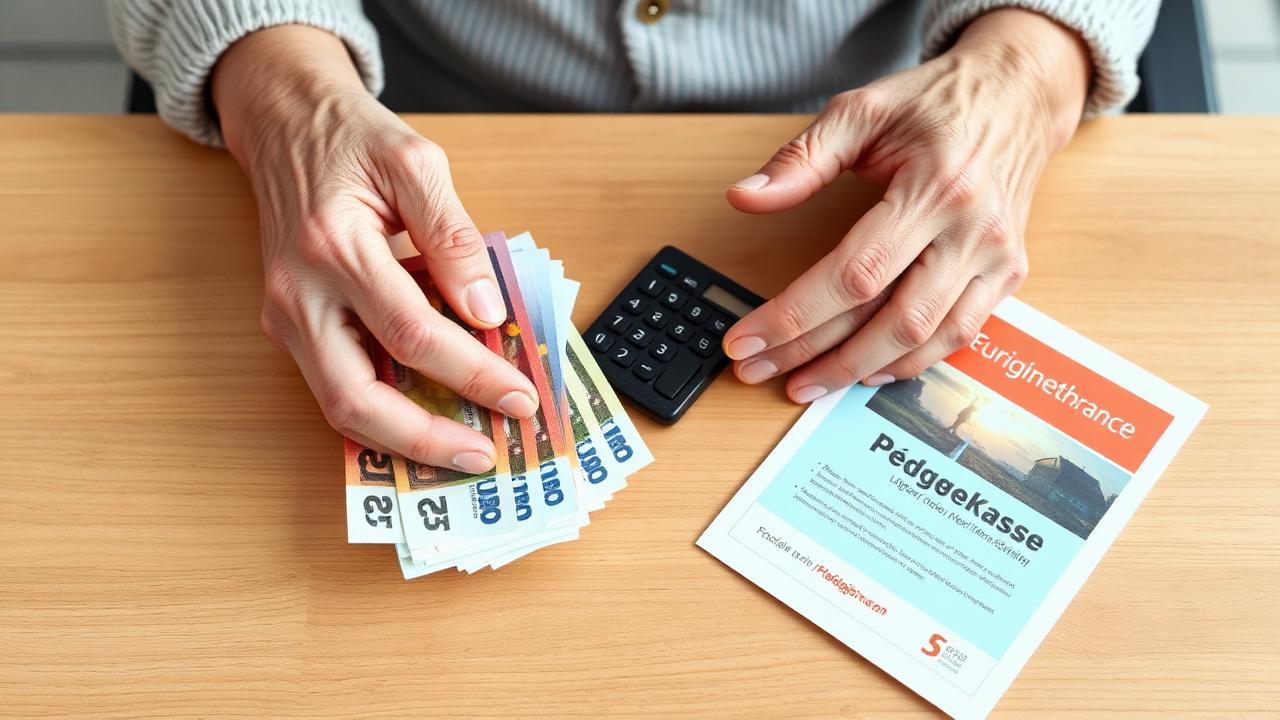 Hände halten Euro-Banknoten neben einem Taschenrechner und einem Pflegekassen-Flyer