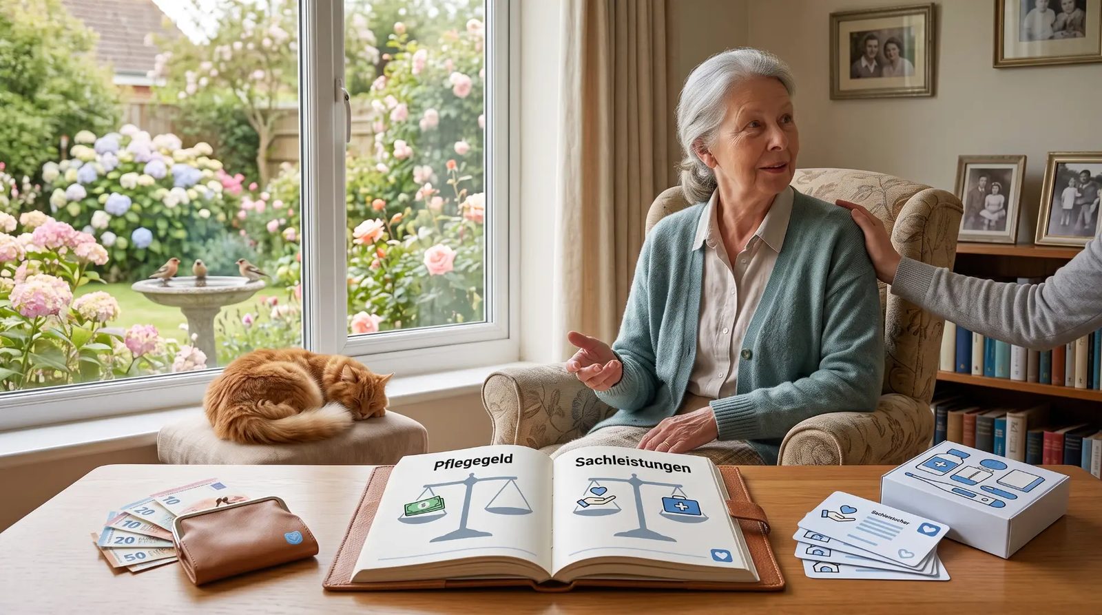 Pflegegeld vs. Sachleistungen 2026 – Vergleich und Kombinationsleistung Seniorin im Sessel wägt Pflegegeld und Sachleistungen ab – Geldbörse und Pflegehilfsmittel auf dem Tisch