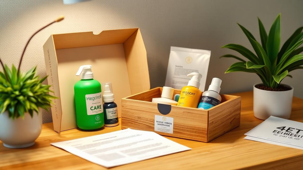 Pflegebox geöffnet mit Inhalt neben einem Pflegegradbescheid