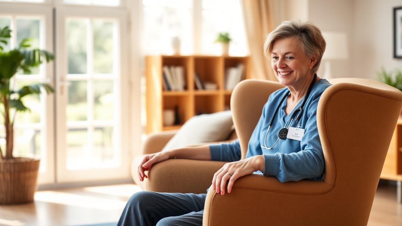 Pflegefachkraft im Gespräch mit einem älteren Mann im Wohnzimmer