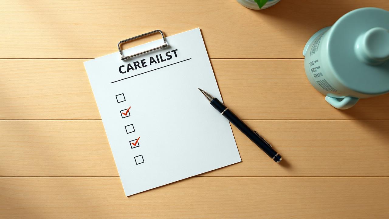 Checkliste mit Pflegehilfsmitteln und Stift auf einem Tisch