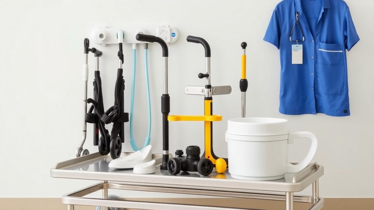 Pflegehilfsmittel und technische Hilfsmittel nebeneinander auf einem Pflegewagen