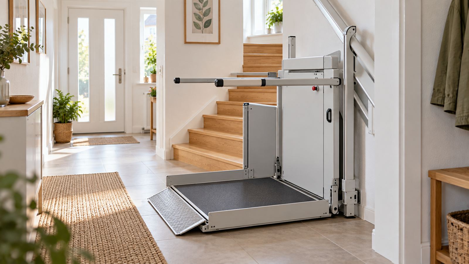 Plattformlift für Rollstühle an einer Innentreppe in einem Wohnhaus