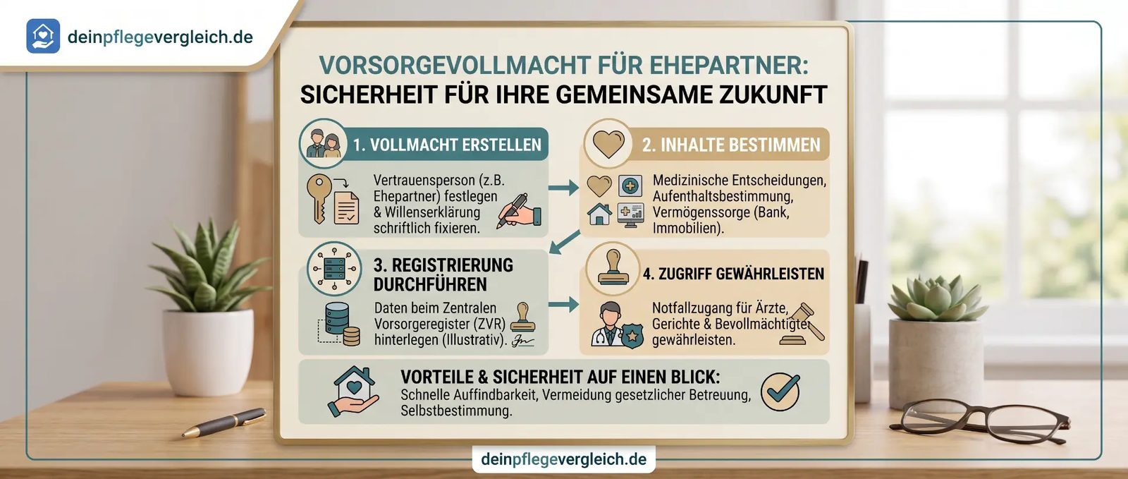 Infografik: Vorsorgevollmacht für Ehepartner erstellen, Inhalte bestimmen und registrieren Infografik: Vorsorgevollmacht für Ehepartner erstellen, Inhalte bestimmen und registrieren