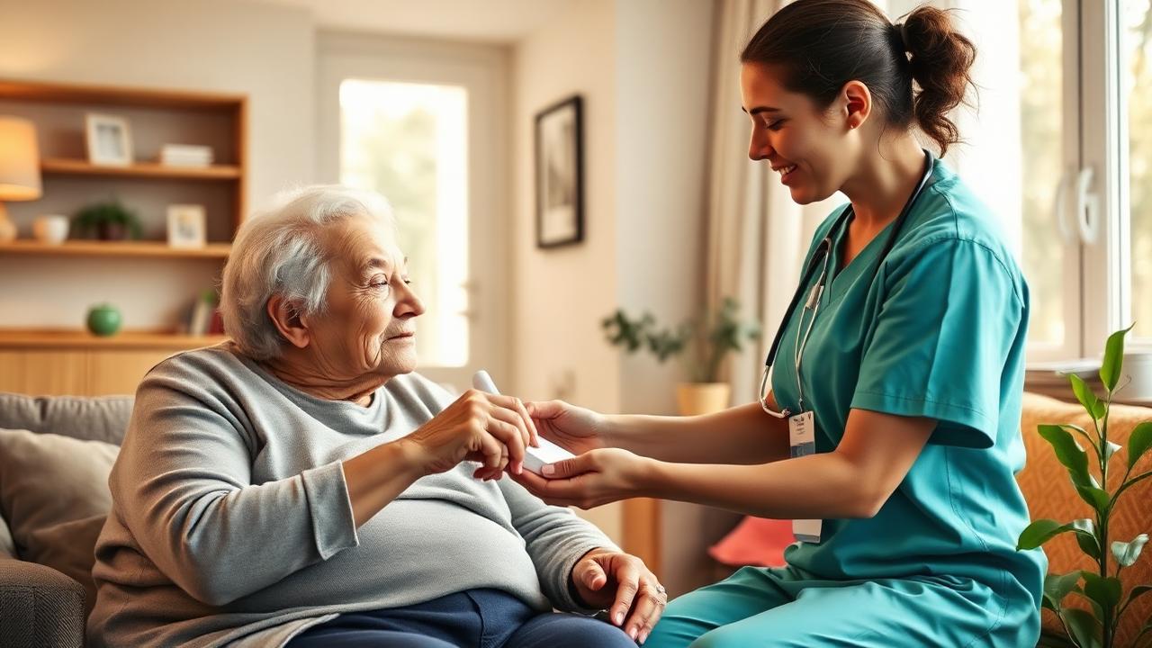Pflegerin reicht einer älteren Dame Pflegehilfsmittel im hellen Wohnzimmer